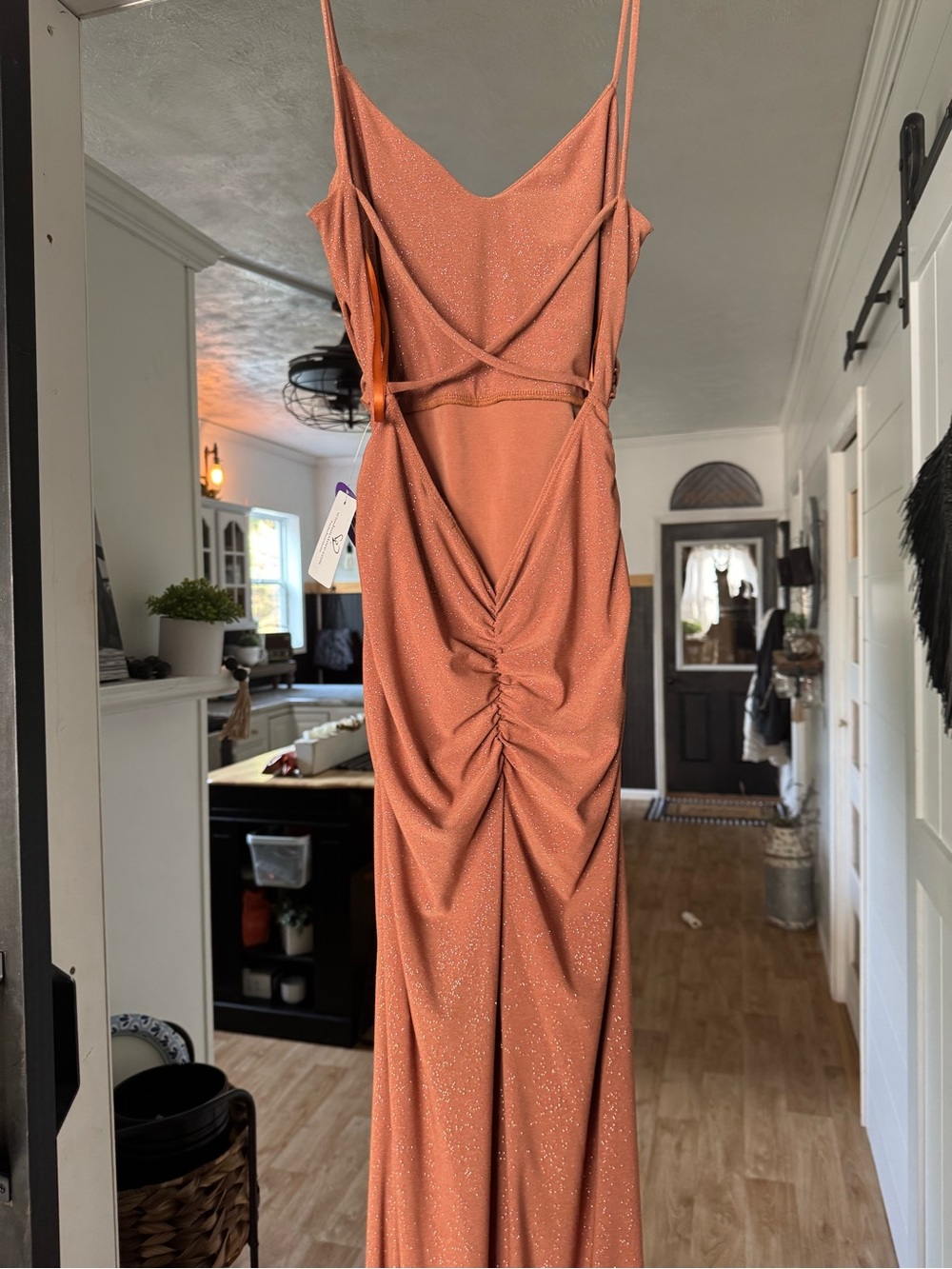 NWT Windsor Sparkle Rust-Orange Ruched Backless Slip Dress